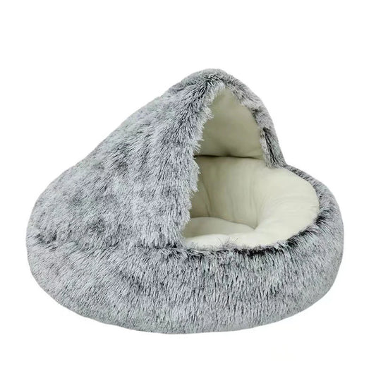 Plush Hooded Pet Bed round Fluffy Soft Cat Bed Pet Cushion Warm Cat Dog 2 in 1 Sleeping Nest Cave for Small Dogs