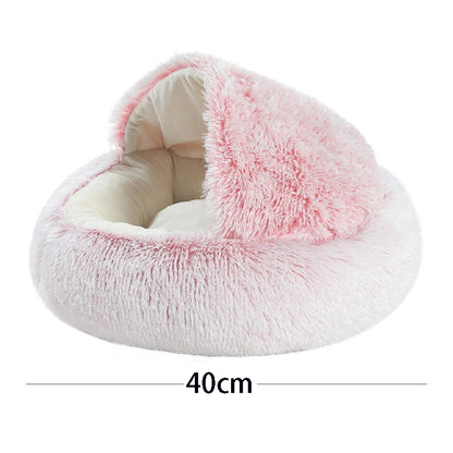 Plush Hooded Pet Bed round Fluffy Soft Cat Bed Pet Cushion Warm Cat Dog 2 in 1 Sleeping Nest Cave for Small Dogs